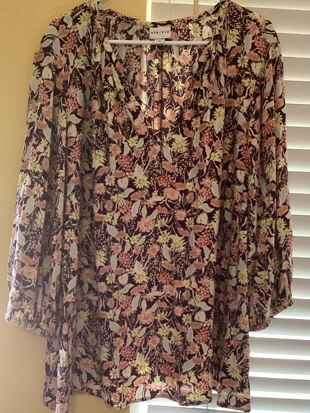 Ava & Viv Brown Floral V-Neck Peasant Tunic - Multi